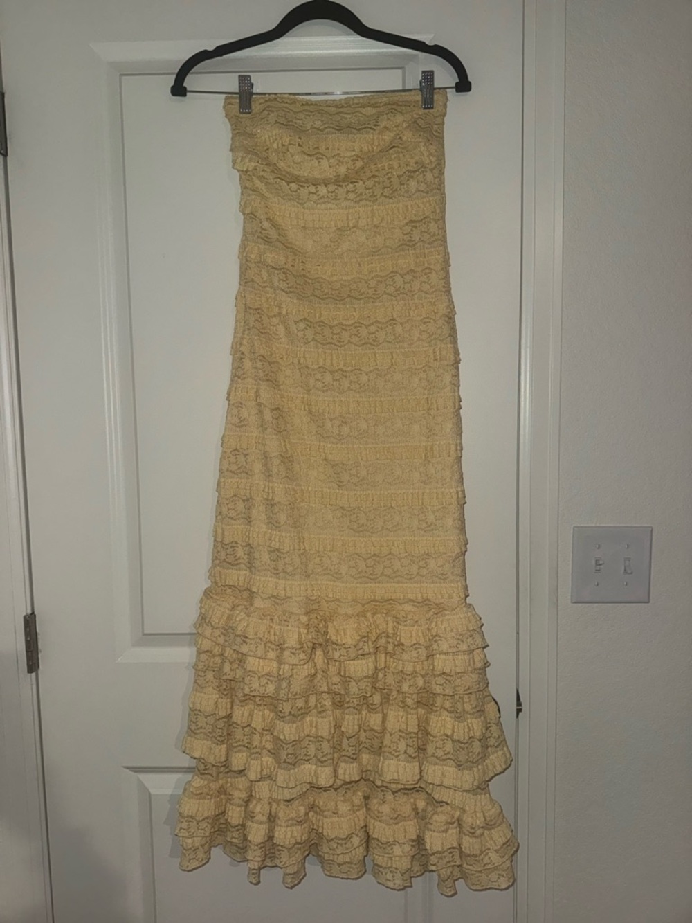 PrettyLittleThing Strapless Ruffle Tiered Lace Maxi Dress - Pale Yellow